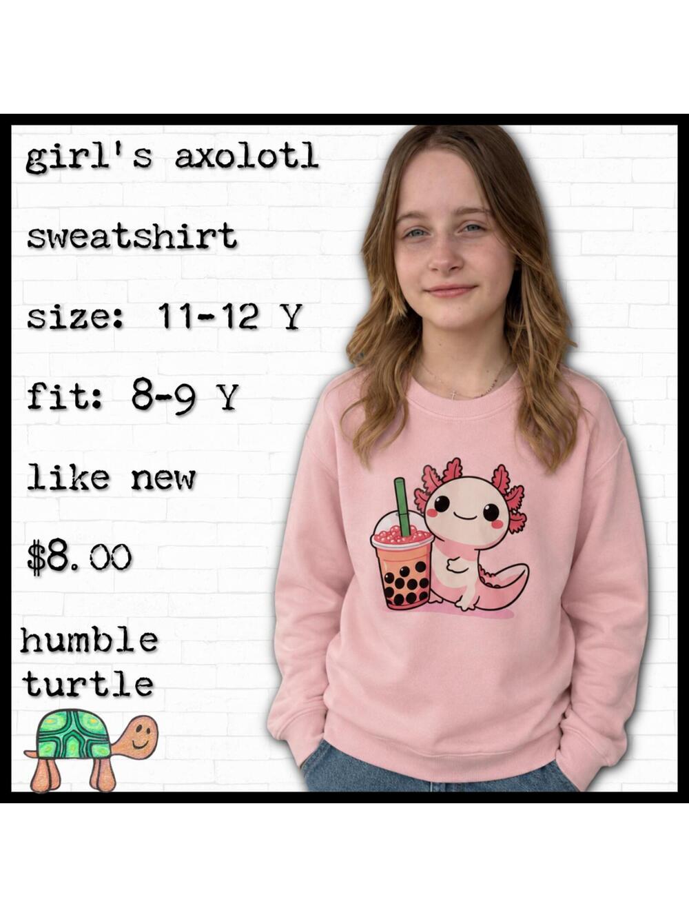 Girls Pink Axolotl Sweatshirt Size 11-12 Y